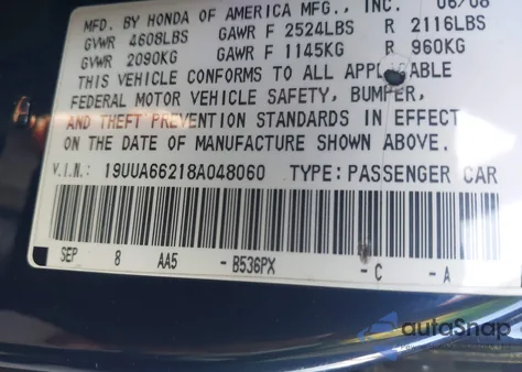 2008 Acura Tl 3.2 from USA, damaged, VIN 19UUA66218A048060